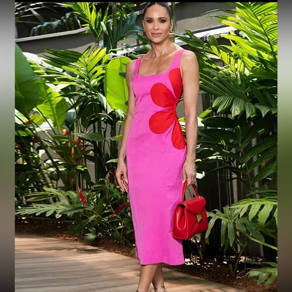 Floral Printed pink and red Sleeveless Dress. Sexy floral Hollow Out Midi Dress